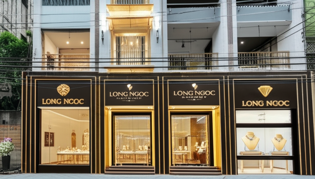 Xu hướng trang sức kim cương nam 2025 với xu hướng kim cương nam 7 Ảnh chụp mặt tiền cửa hàng trang sức Long Ngọc Luxury với thiết kế sang trọng và ánh sáng lung linh.