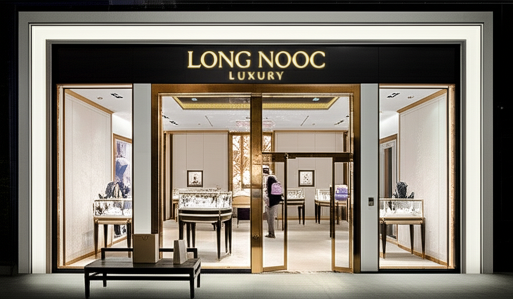 Ảnh chụp mặt tiền cửa hàng trang sức Long Ngọc Luxury vào ban đêm, ánh sáng sang trọng.
