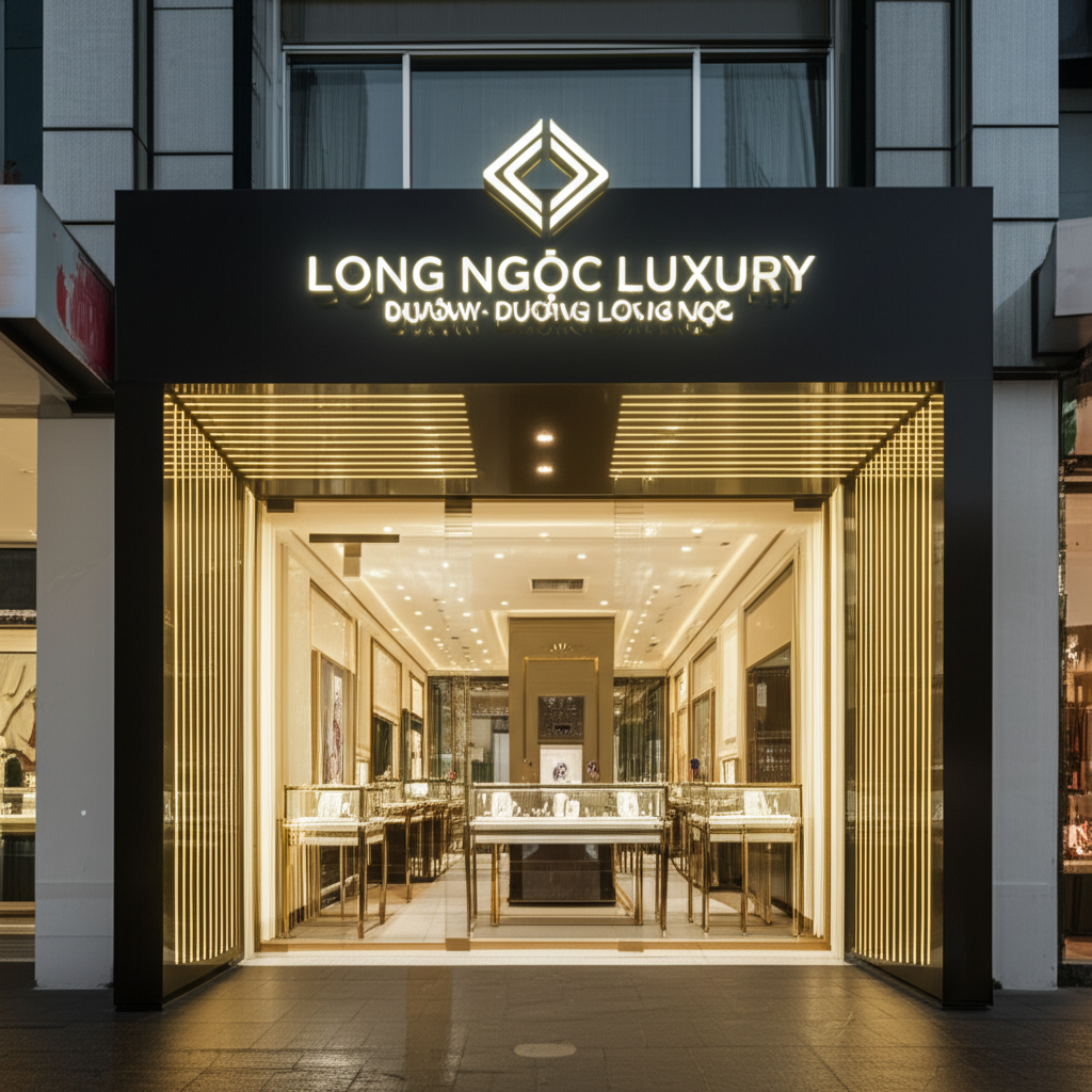 Mặt tiền cửa hàng trang sức Long Ngọc Luxury với bảng hiệu sáng và thiết kế hiện đại.