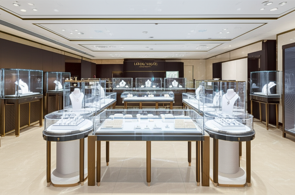 Ảnh showroom Long Ngọc Luxury, tập trung vào các tủ trưng bày trang sức kim cương cao cấp.