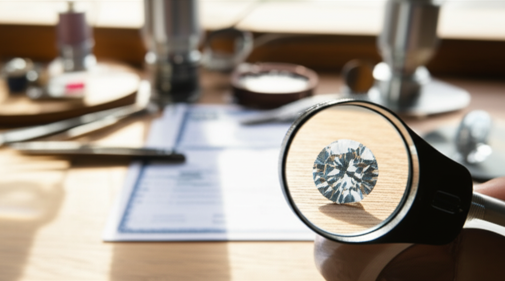 Kim cương nam trong phong cách thời trang công sở với trang sức công sở nam 7 Hình ảnh cận cảnh một viên kim cương sáng lấp lánh đang được kiểm tra dưới kính lúp của thợ kim hoàn. Phía sau là các dụng cụ thẩm định kim cương như nhíp, kính hiển vi và các giấy tờ chứng nhận nằm rải rác trên bàn gỗ. Ánh sáng tự nhiên chiếu vào tạo hiệu ứng phản chiếu đẹp mắt.