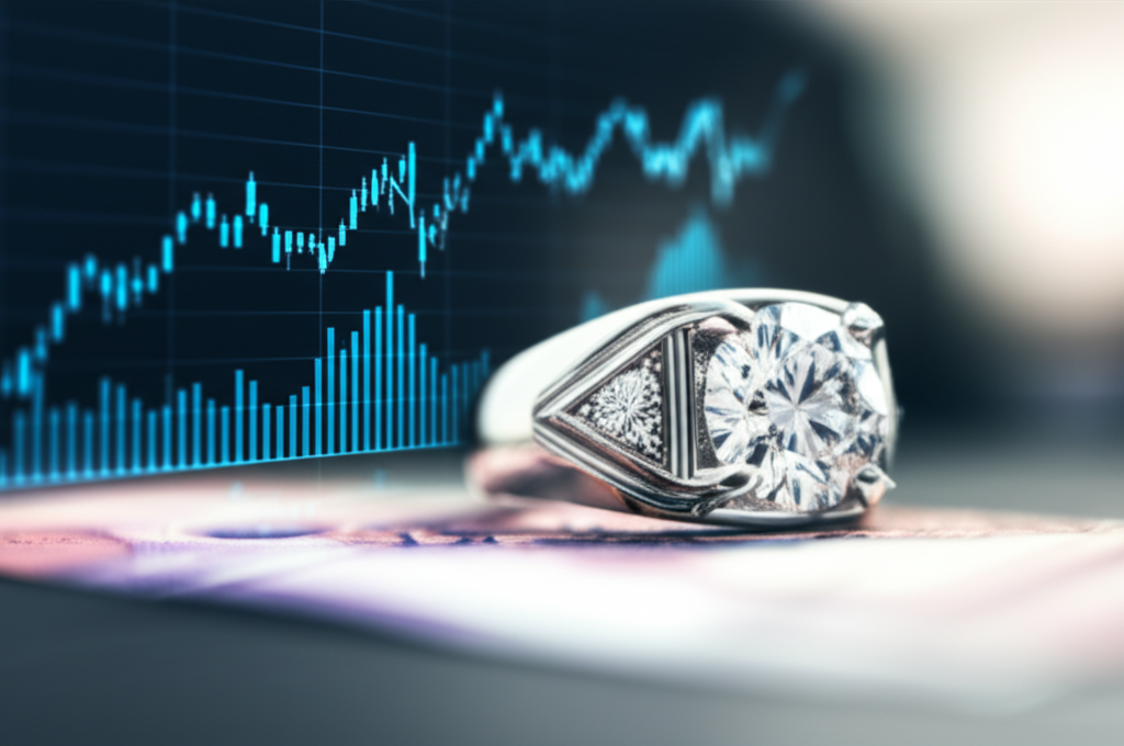 Hình ảnh một chiếc nhẫn kim cương nam được đặt trên nền biểu đồ tăng trưởng kinh tế, tượng trưng cho giá trị đầu tư.