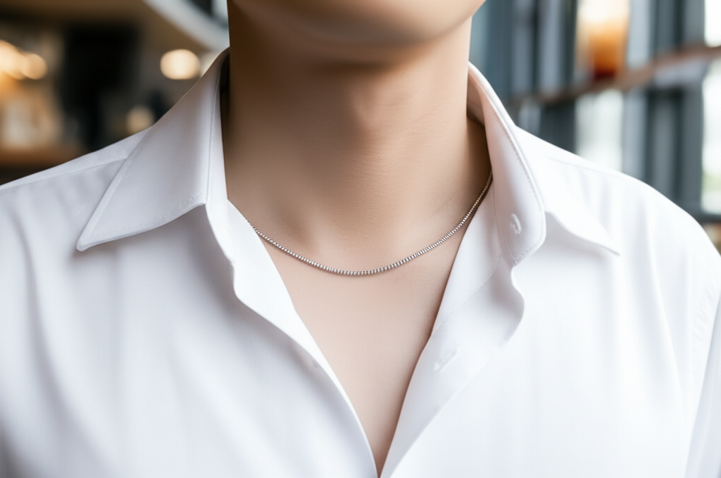 Top 5 thiết kế dây chuyền kim cương nam nổi bật 3 Ảnh cận cảnh áo sơ mi trắng với dây chuyền kim cương nam mảnh trên cổ áo trong quán cà phê hiện đại.