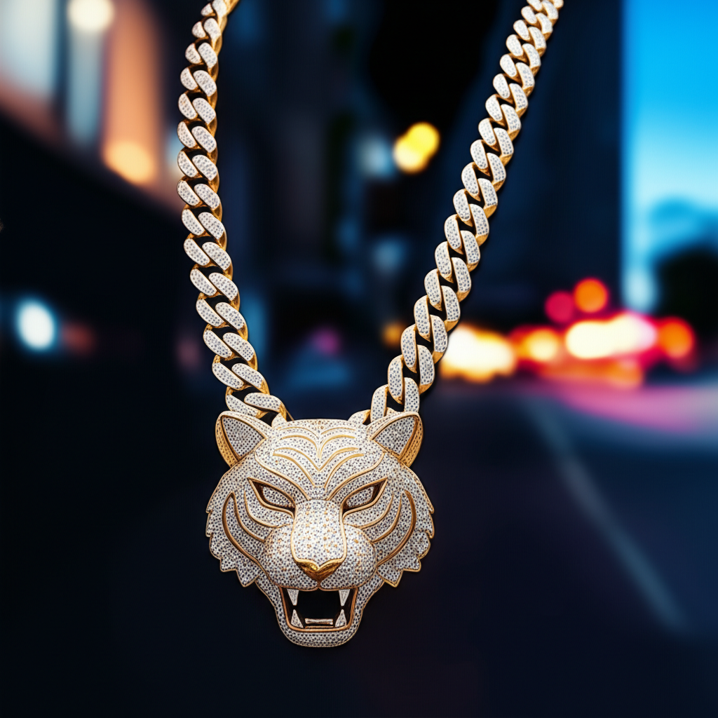 Top 5 thiết kế dây chuyền kim cương nam nổi bật 4 Hình ảnh cận cảnh chiếc dây chuyền kim cương nam cá tính với mặt hình đầu hổ, lấp lánh dưới ánh đèn đường phố ban đêm. Dây chuyền tạo điểm nhấn mạnh mẽ, thu hút, thể hiện phong cách độc đáo trong bối cảnh phố thị về đêm. Hình ảnh không có sự xuất hiện của người.