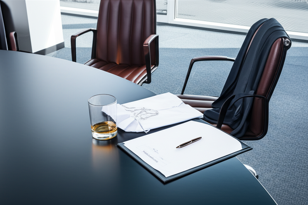 Top 5 thiết kế dây chuyền kim cương nam nổi bật 5 Bàn họp trong phòng họp cao cấp với áo vest, ly nước và hợp đồng, gợi ý về một cuộc họp vừa kết thúc.