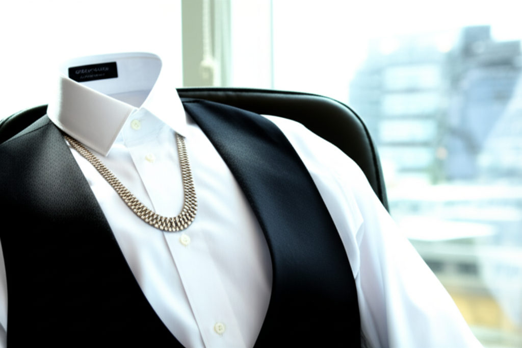 Ảnh cận cảnh áo sơ mi trắng, vest đen và dây chuyền kim cương nam tinh tế đặt trên áo.