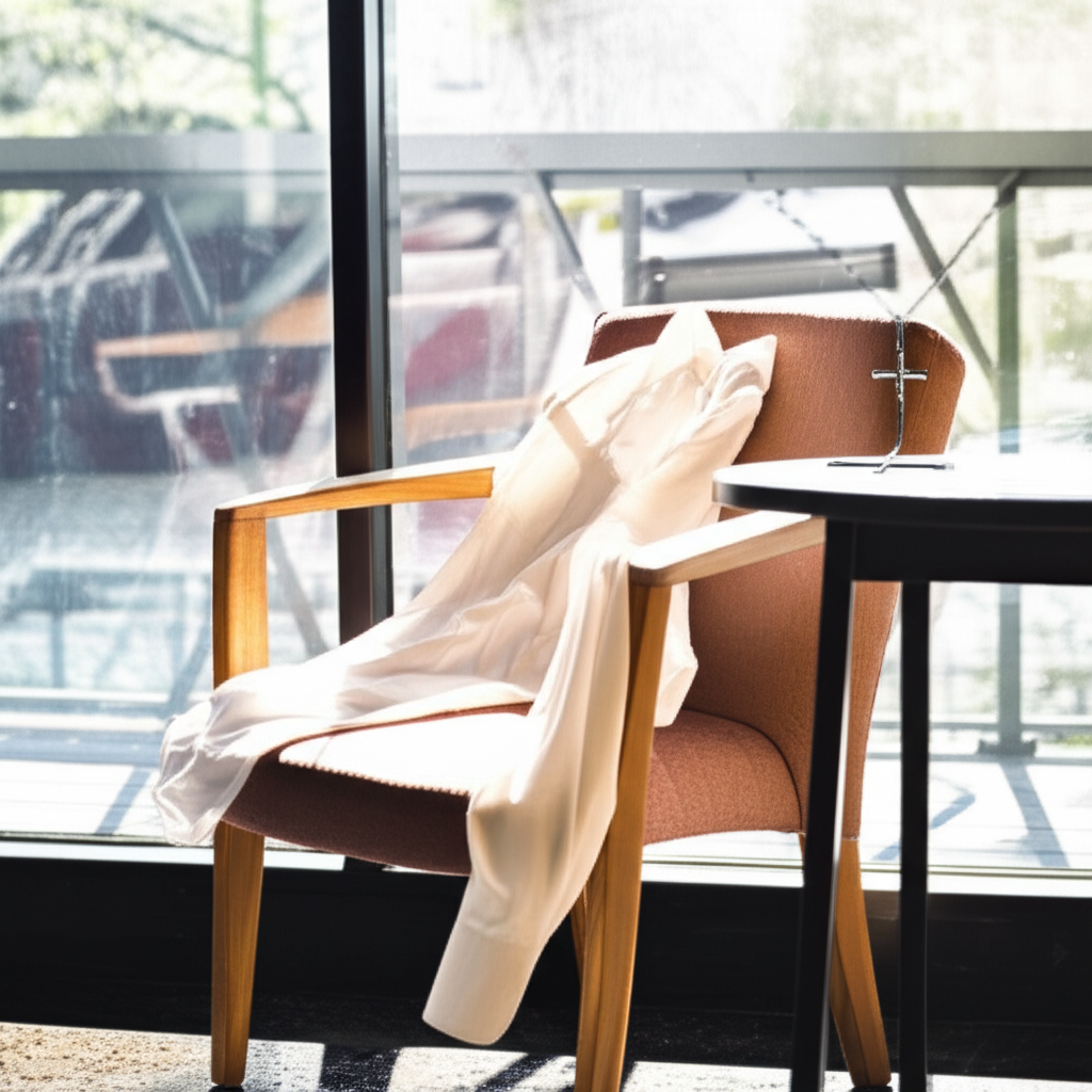 Xu hướng trang sức kim cương nam 2025 với xu hướng kim cương nam 6 Ảnh chụp nội thất quán cafe hiện đại, có áo sơ mi trắng và dây chuyền kim cương nam mặt chữ thập trên bàn.