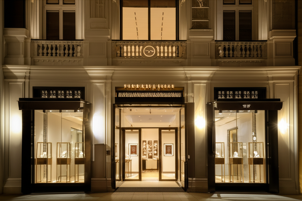 Ảnh mặt tiền cửa hàng trang sức lộng lẫy với ánh đèn vàng ấm áp vào ban đêm.