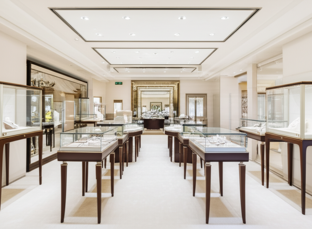 Hình ảnh showroom trang sức kim cương cao cấp với thiết kế nội thất tinh tế và ánh sáng tự nhiên.