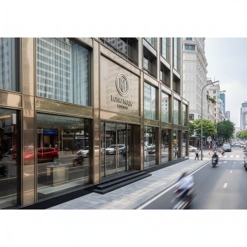 Tư vấn chọn kim cương nam theo độ tuổi với kim cương nam theo tuổi 7 Hình ảnh bên ngoài showroom Long Ngọc Luxury, với kiến trúc sang trọng, hiện đại, và logo thương hiệu hiển thị rõ ràng trên mặt tiền. Bối cảnh là một con phố đô thị nhộn nhịp, tạo cảm giác sống động và cao cấp.