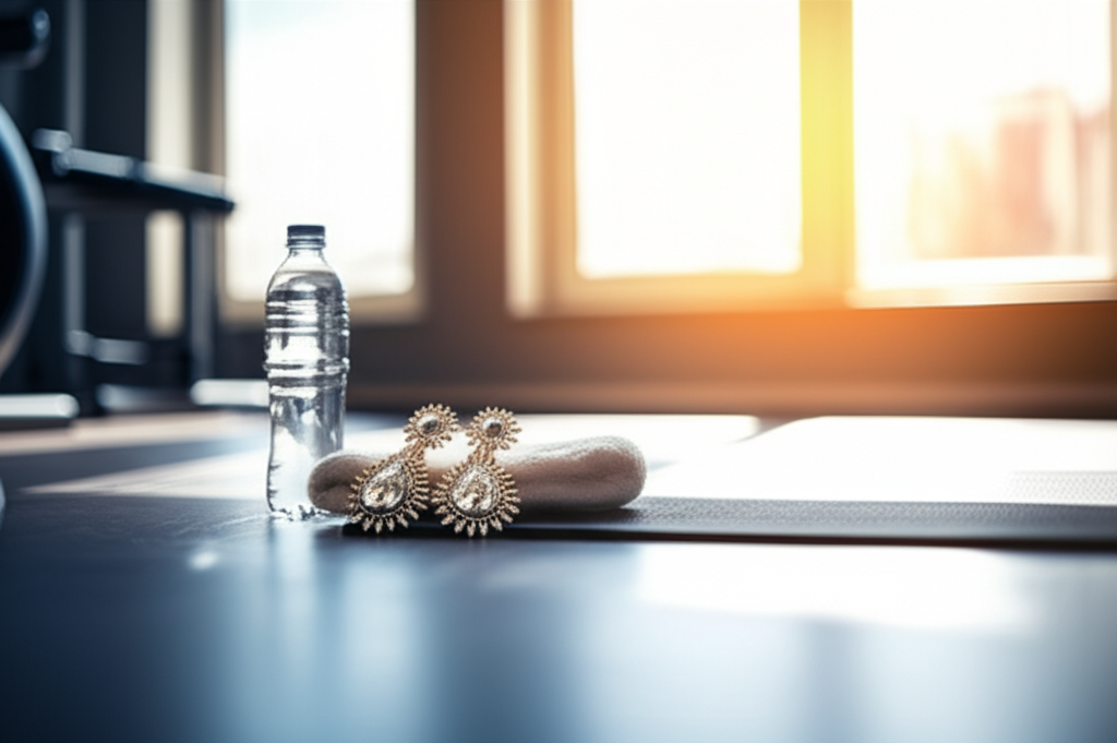 Hình ảnh phòng tập thể dục với thảm yoga, bông tai kim cương lớn và hiệu ứng mờ chuyển động, ám chỉ hoạt động thể chất gần đây.