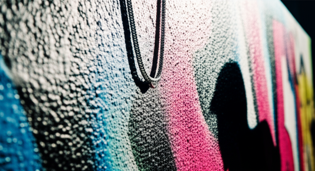 Ảnh chụp một bức tường graffiti nghệ thuật với một sợi dây chuyền kim cương nam đặt trên đó.