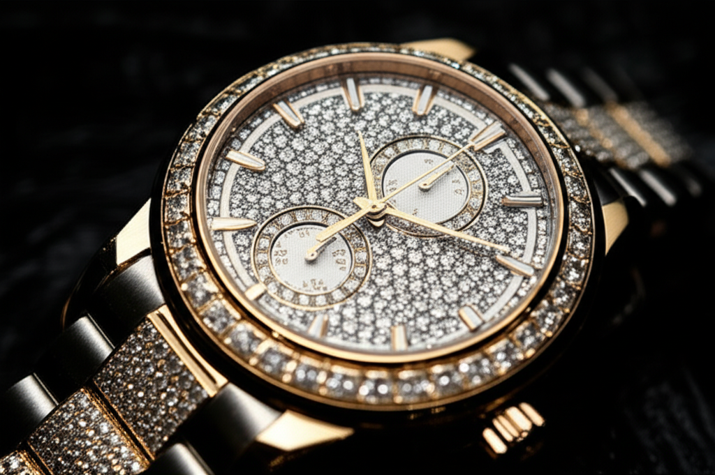 Ảnh cận cảnh đồng hồ kim cương nam cao cấp, mặt đồng hồ lấp lánh.