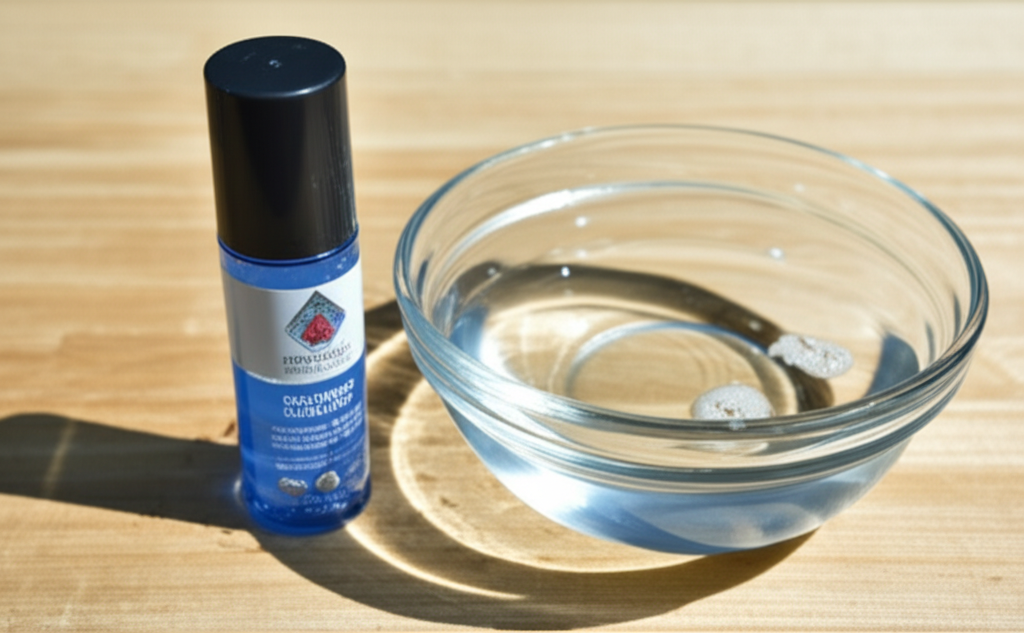 Ảnh chụp so sánh một chai dung dịch vệ sinh trang sức kim cương chuyên dụng và một bát nước ấm pha xà phòng nhẹ.