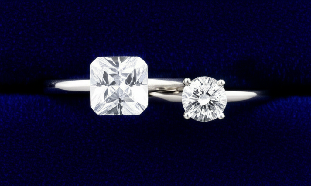 Hai chiếc nhẫn kim cương, một vuông vắn và một tròn trịa, đặt trên vải nhung xanh đậm.
