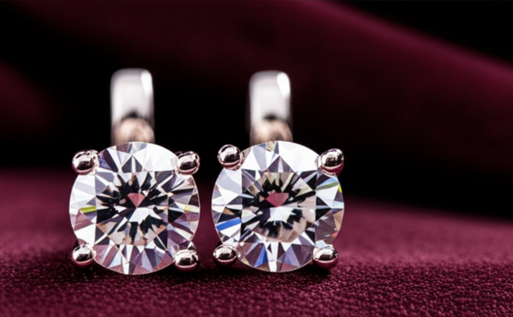 Ảnh cận cảnh đôi bông tai kim cương lấp lánh.