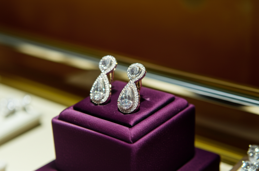 Ảnh cận cảnh đôi bông tai kim cương lấp lánh trên giá trưng bày nhung trong một cửa hàng trang sức cao cấp.