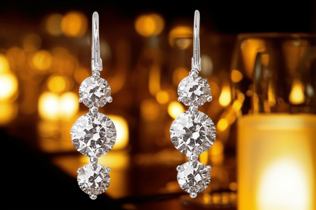 So sánh bông tai kim cương và đá moissanite với bông tai moissanite 3 Ảnh cận cảnh đôi bông tai kim cương lấp lánh trong bối cảnh tiệc tối sang trọng.