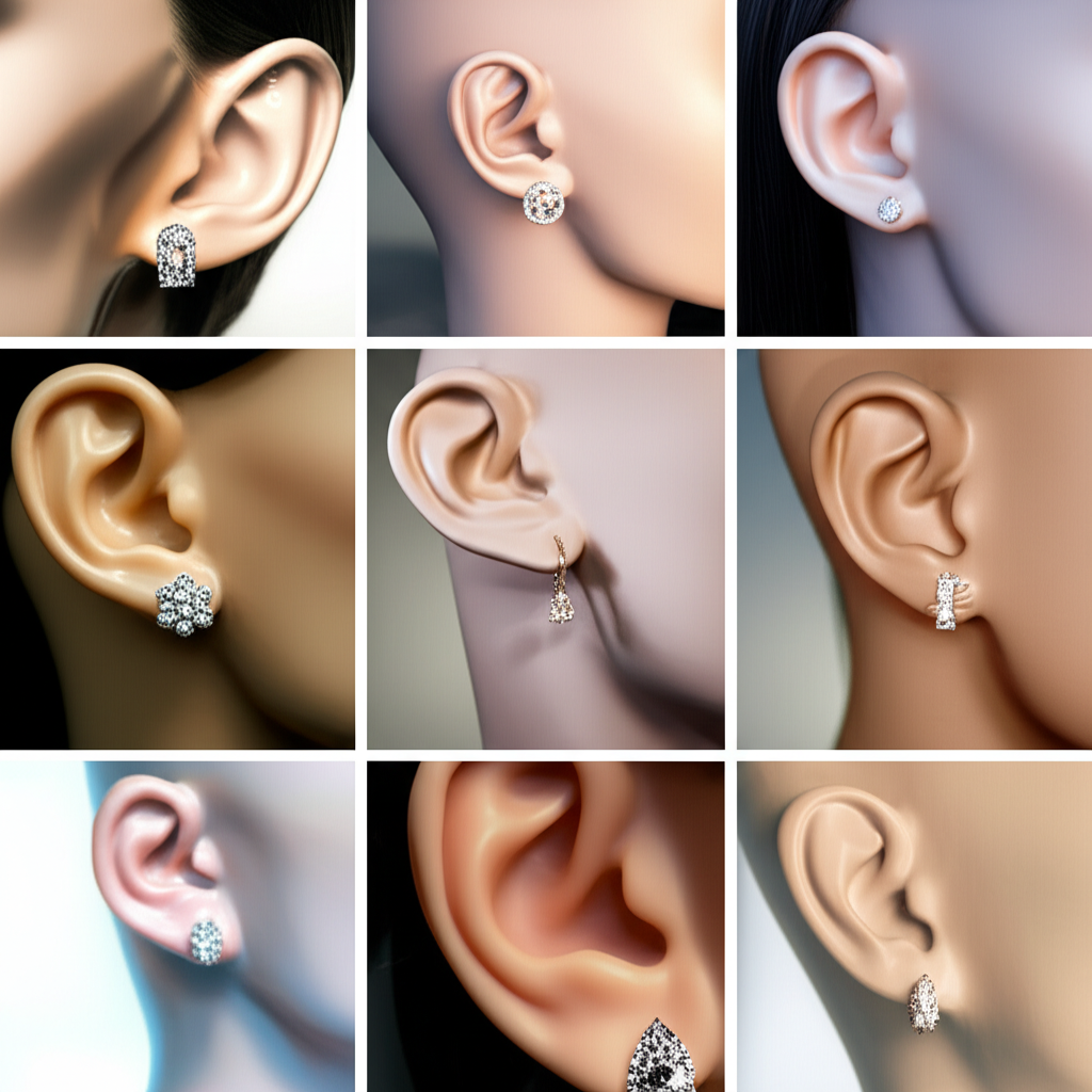 Ảnh ghép cận cảnh các hình dáng tai khác nhau trên manơcanh, mỗi hình dáng được trang trí bằng bông tai kim cương phù hợp.