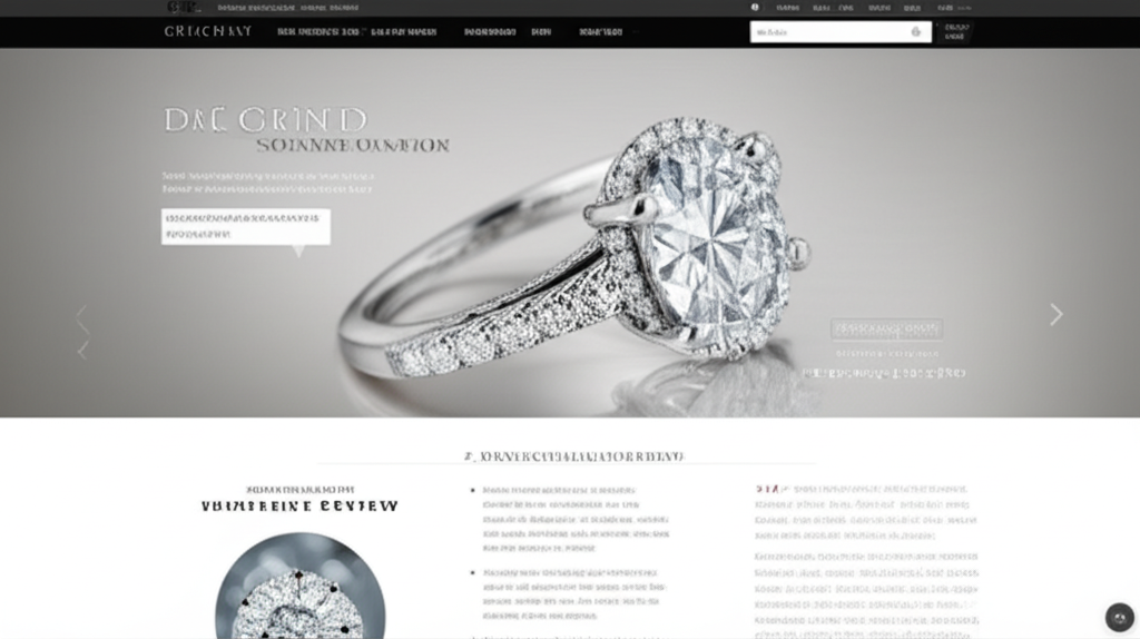 Thiết kế giao diện trang web cho một cửa hàng trang sức kim cương trực tuyến, tập trung vào bố cục chuyên nghiệp và thông tin chi tiết.