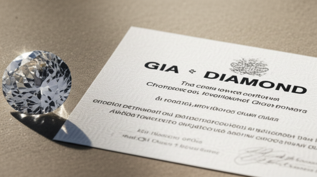 Hình ảnh một giấy chứng nhận kim cương GIA đặt cạnh viên kim cương lấp lánh.