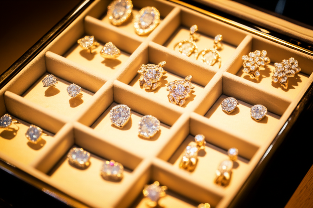 Hình ảnh hộp đựng trang sức cao cấp với nhiều đôi bông tai kim cương lấp lánh.