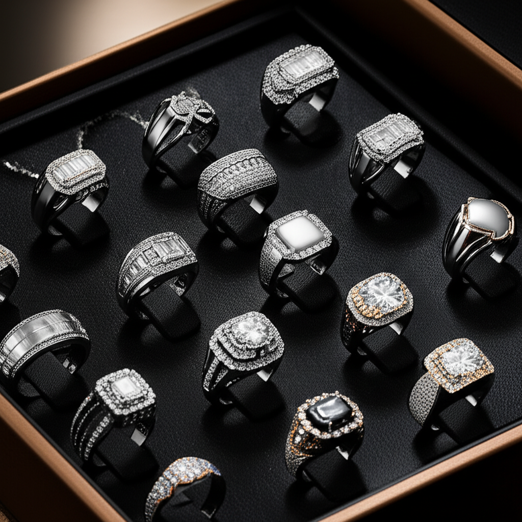 Hình ảnh cận cảnh bộ sưu tập trang sức kim cương nam bao gồm nhẫn, vòng tay, dây chuyền và khuy măng sét trên giá trưng bày bằng nhung.