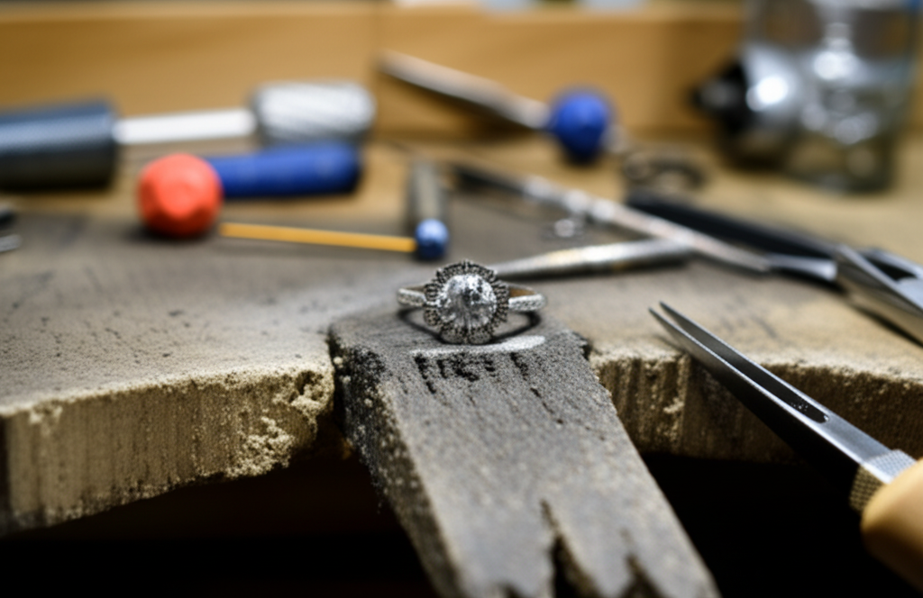 Bàn làm việc của thợ kim hoàn với chiếc nhẫn kim cương đang được chế tác tỉ mỉ.