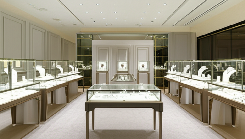 Bên trong showroom trang sức kim cương cao cấp với các mẫu trang sức lấp lánh trưng bày đẹp mắt.