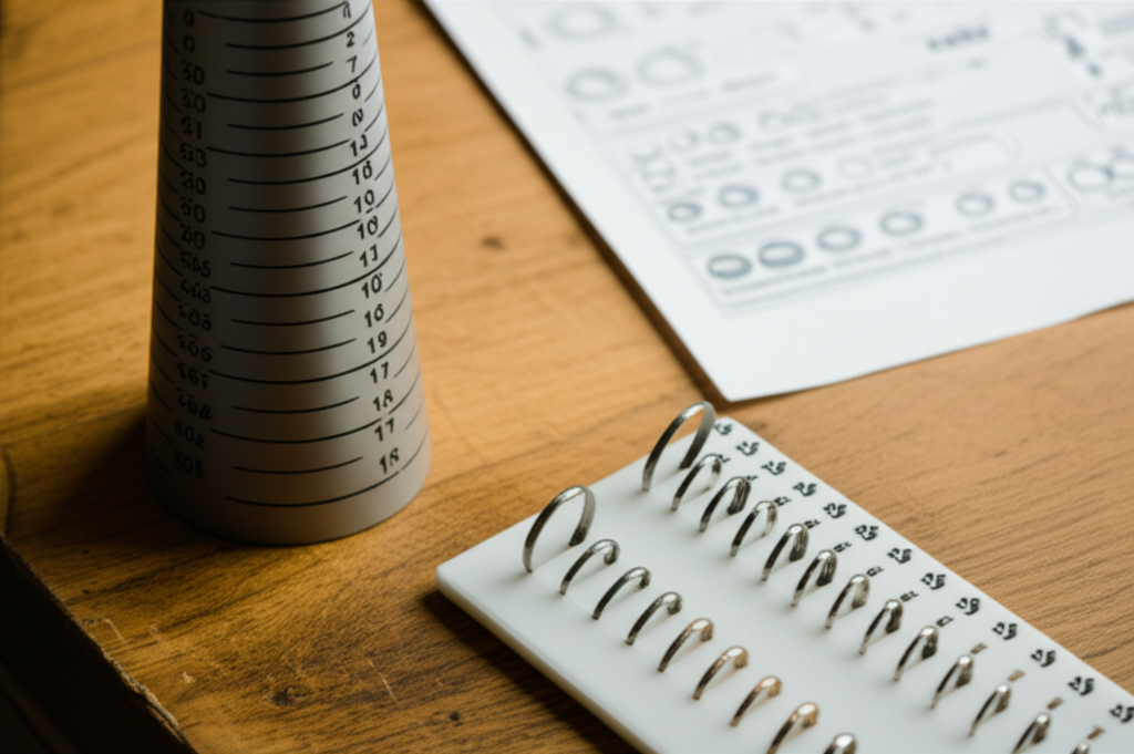 Ảnh chụp cận cảnh dụng cụ đo kích cỡ nhẫn và bảng hướng dẫn trên bàn làm việc.