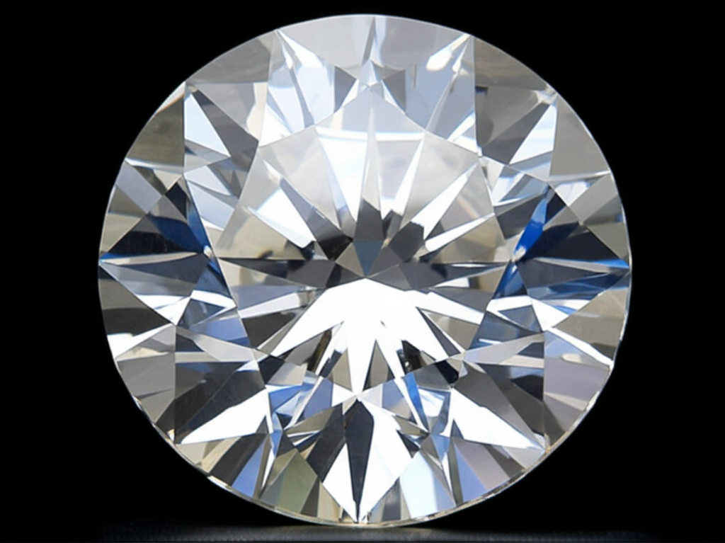 Ảnh chụp cận cảnh một viên kim cương огранка round, được chiếu sáng để làm nổi bật các mặt cắt và độ lấp lánh.