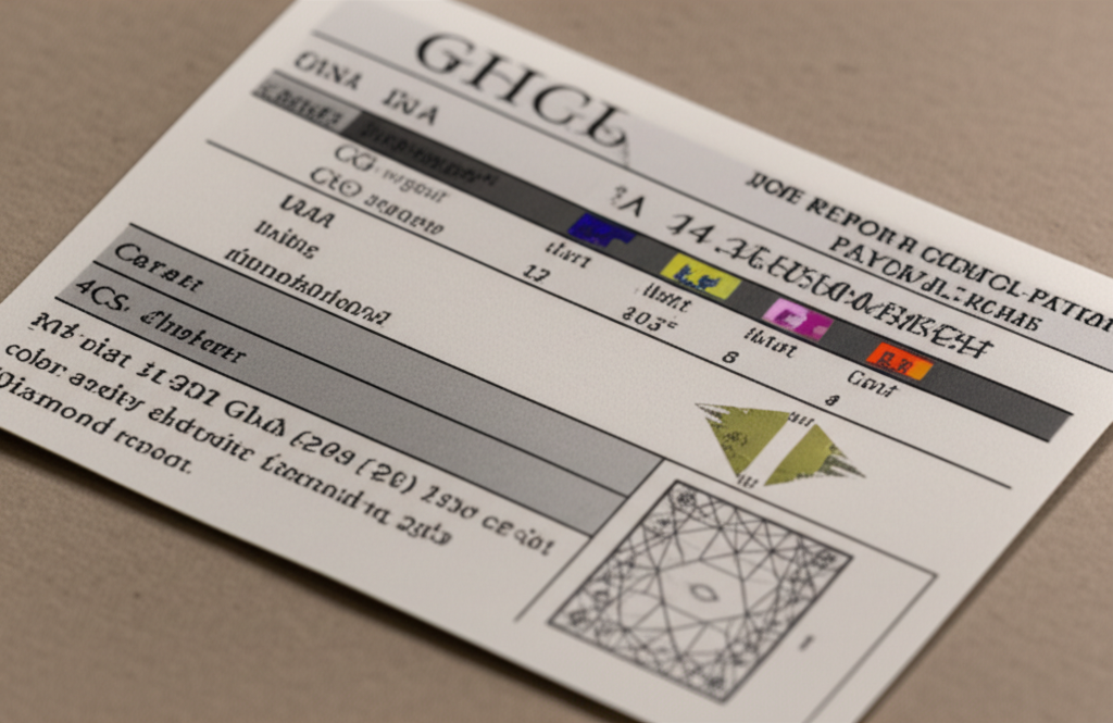 Giấy kiểm định kim cương GIA hoặc IGI, tập trung vào số seri, thông số 4Cs và sơ đồ viên kim cương.