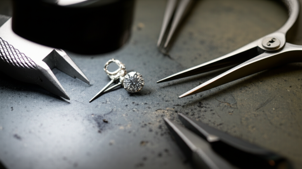 Ảnh cận cảnh bàn làm việc của thợ kim hoàn với các dụng cụ và bông tai kim cương đang được kiểm tra dưới kính lúp.