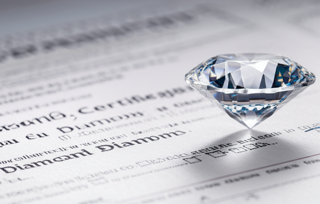 Kiểm tra giấy chứng nhận kim cương dưới ánh sáng mạnh.