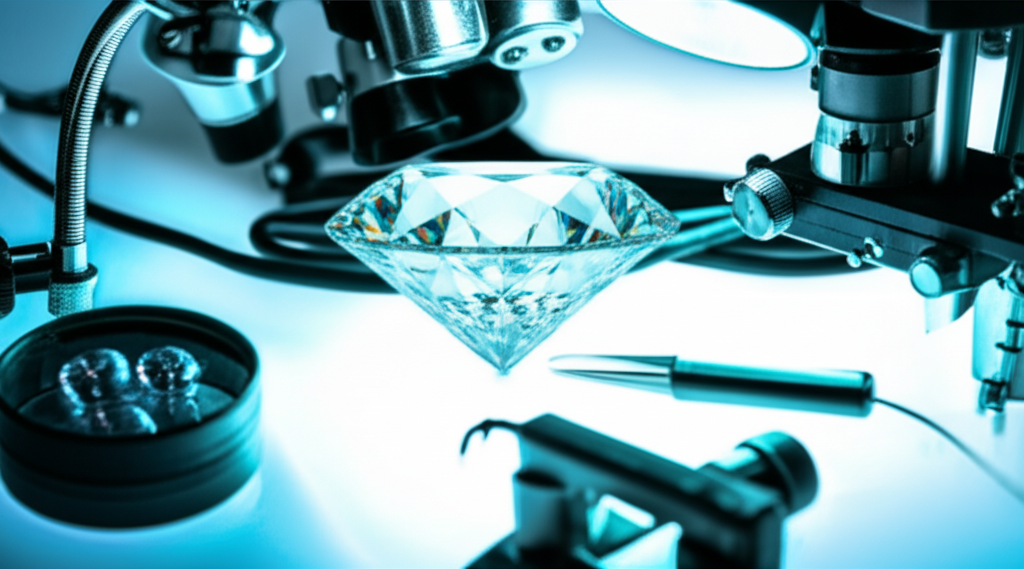 Tư duy đầu tư khi chọn mua bông tai kim cương với đầu tư bông tai kim cương 3 Ảnh cận cảnh viên kim cương đang được kiểm tra dưới kính lúp trong phòng thí nghiệm chuyên nghiệp.