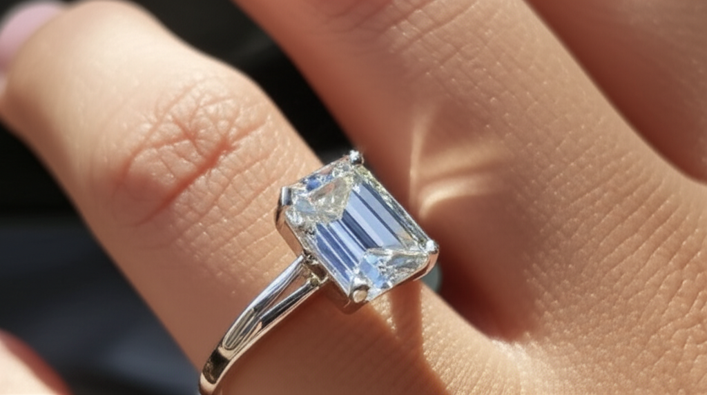 Các kiểu cắt kim cương nam được ưa chuộng với giác cắt kim cương nam 4 Ảnh chụp cận cảnh nhẫn kim cương nam với kiểu cắt Emerald, đặt trên nền vải nhung mềm mại.