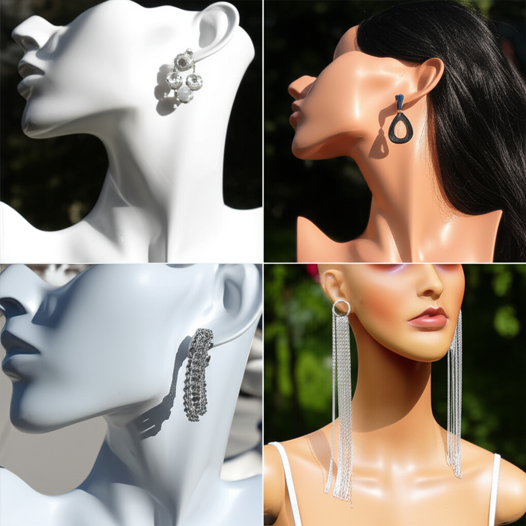 Bí quyết chọn bông tai kim cương cho nàng da ngăm với bông tai cho da ngăm 6 Ảnh cận cảnh các kiểu bông tai được trưng bày trên manequin với các dáng khuôn mặt tròn, vuông, trái xoan và dài.