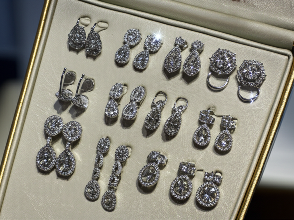 Hình ảnh cận cảnh bộ sưu tập các kiểu dáng bông tai kim cương khác nhau trên kệ trưng bày trang sức sang trọng.