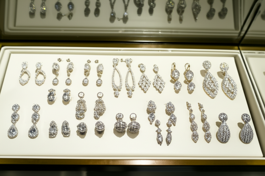 Chọn bông tai kim cương theo phong thủy với bông tai phong thủy 6 Ảnh chụp kệ trưng bày các kiểu dáng bông tai kim cương khác nhau: bông tai nụ, bông tai dáng dài, bông tai tròn và bông tai hình giọt nước.