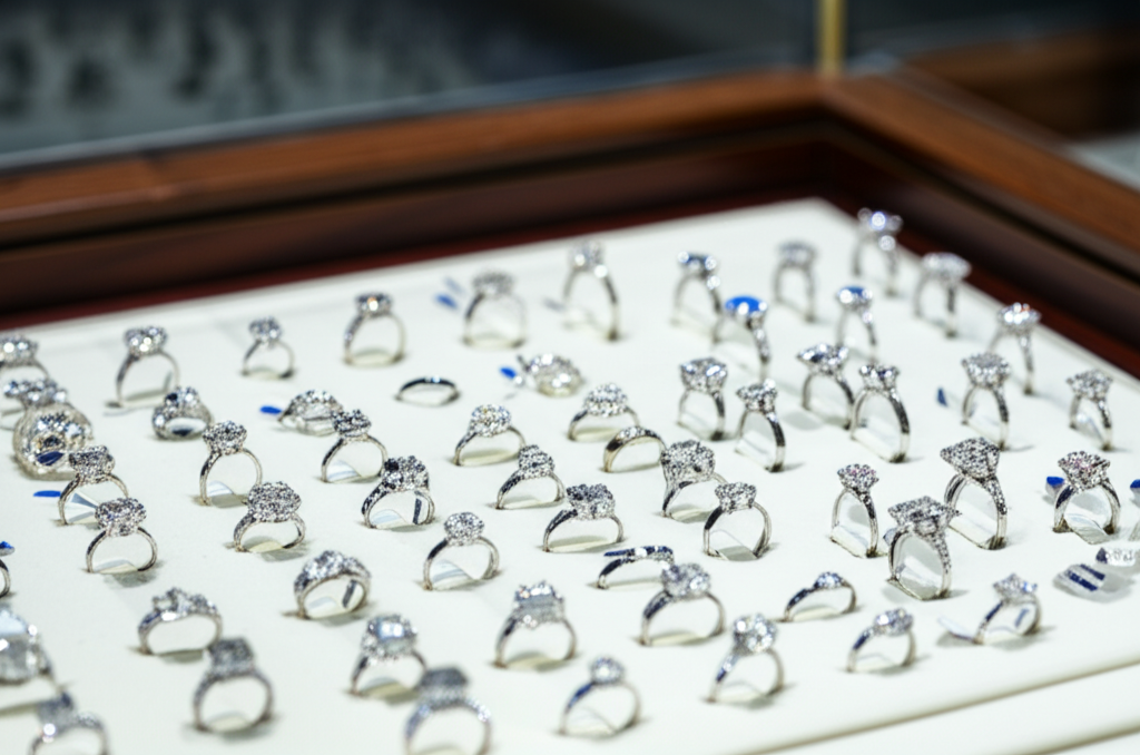 Hình ảnh một tủ trưng bày nhẫn kim cương lấp lánh trong một cửa hàng trang sức cao cấp.