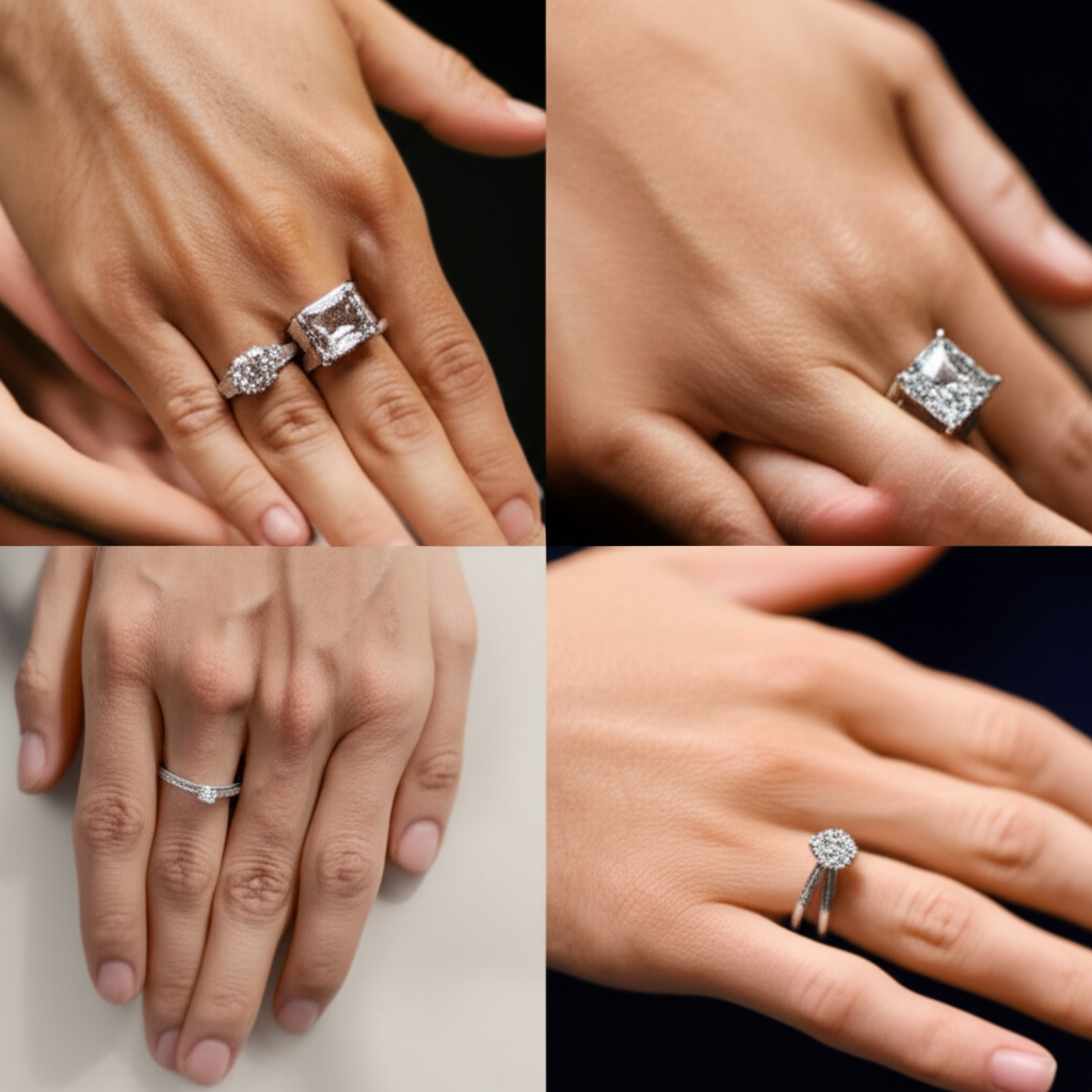 Hình ảnh các kiểu dáng kim cương khác nhau (Round, Princess, Emerald, Asscher, Cushion) trên tay nam giới.