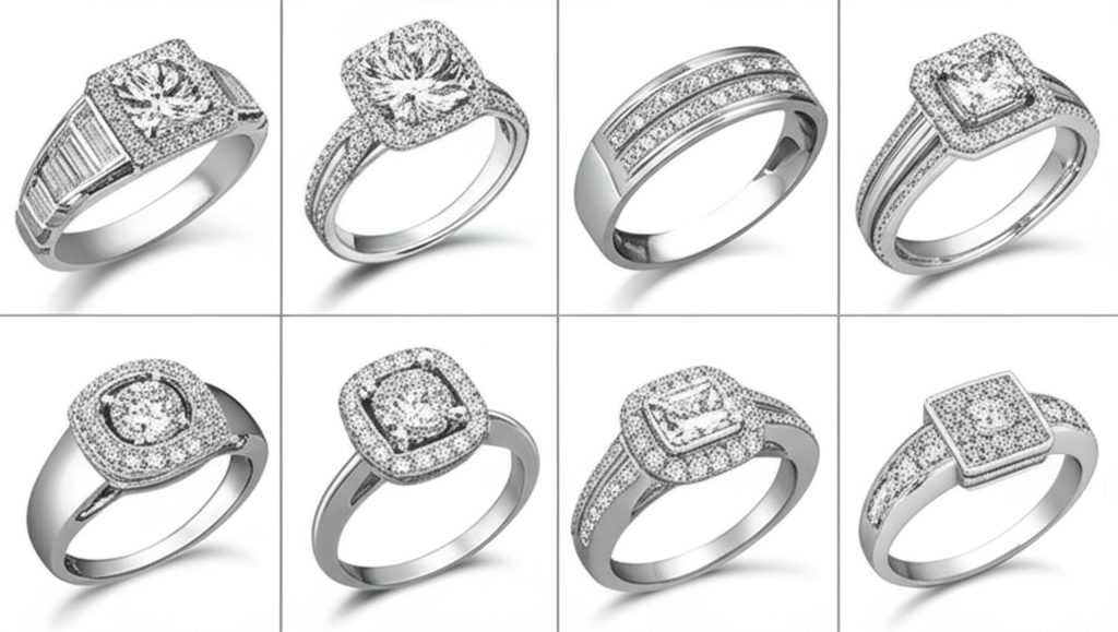 Ảnh cận cảnh các kiểu dáng nhẫn kim cương nam khác nhau: nhẫn solitaire, nhẫn pave, nhẫn channel và nhẫn cluster.