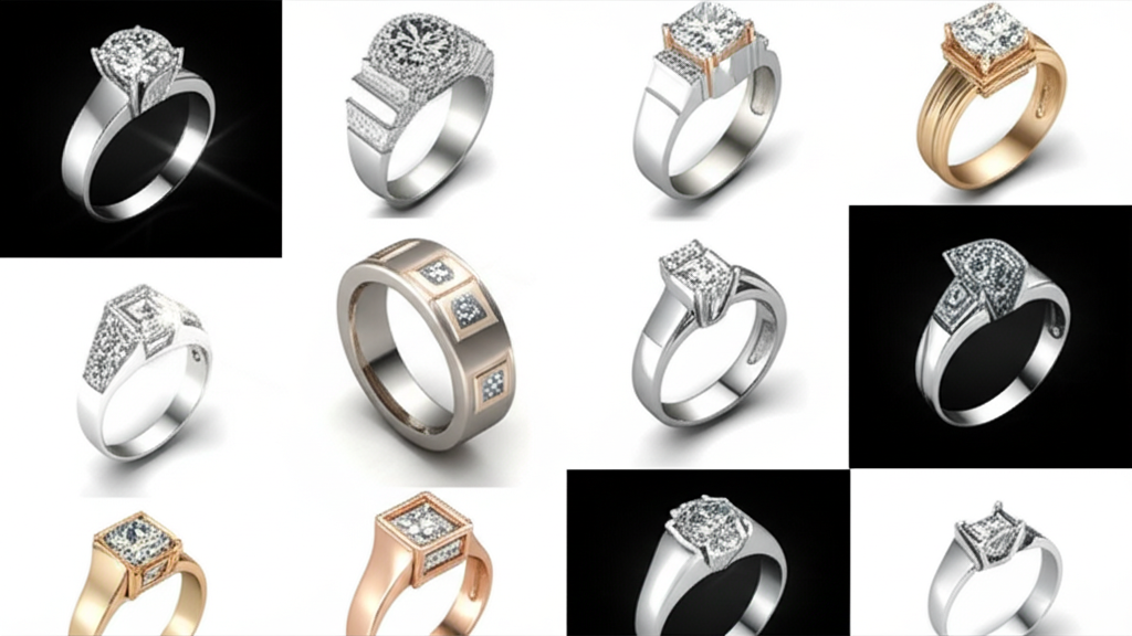 Tác động phong thủy của nhẫn kim cương nam với nhẫn phong thủy nam 4 Ảnh montage cận cảnh nhiều kiểu dáng nhẫn kim cương nam khác nhau, thể hiện phong cách riêng biệt.