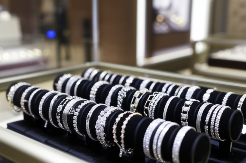 Tư vấn chọn vòng tay kim cương theo cổ tay 5 Ảnh chụp cận cảnh bộ sưu tập vòng tay kim cương với nhiều kiểu dáng khác nhau được trưng bày trong tủ kính sang trọng.