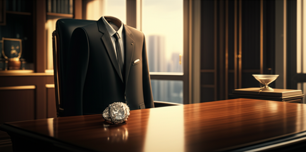 Tư vấn chọn kim cương nam theo độ tuổi với kim cương nam theo tuổi 4 Hình ảnh văn phòng làm việc cao cấp với ánh sáng vàng ấm áp, áo vest đen lịch lãm và một chiếc nhẫn kim cương lớn đặt trên bàn.