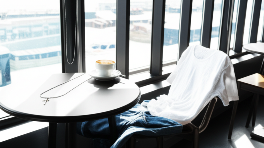 Tư vấn chọn kim cương nam theo độ tuổi với kim cương nam theo tuổi 3 Ảnh chụp một quán cà phê hiện đại với ánh sáng tự nhiên, có một chiếc áo phông trắng và quần jean vắt trên ghế, cùng với một chiếc dây chuyền chữ thập kim cương trên bàn.