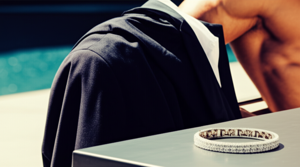 Một chiếc áo sơ mi tối màu và vòng tay kim cương lớn trên bàn tại một quán bar ngoài trời, dưới ánh nắng mạnh.