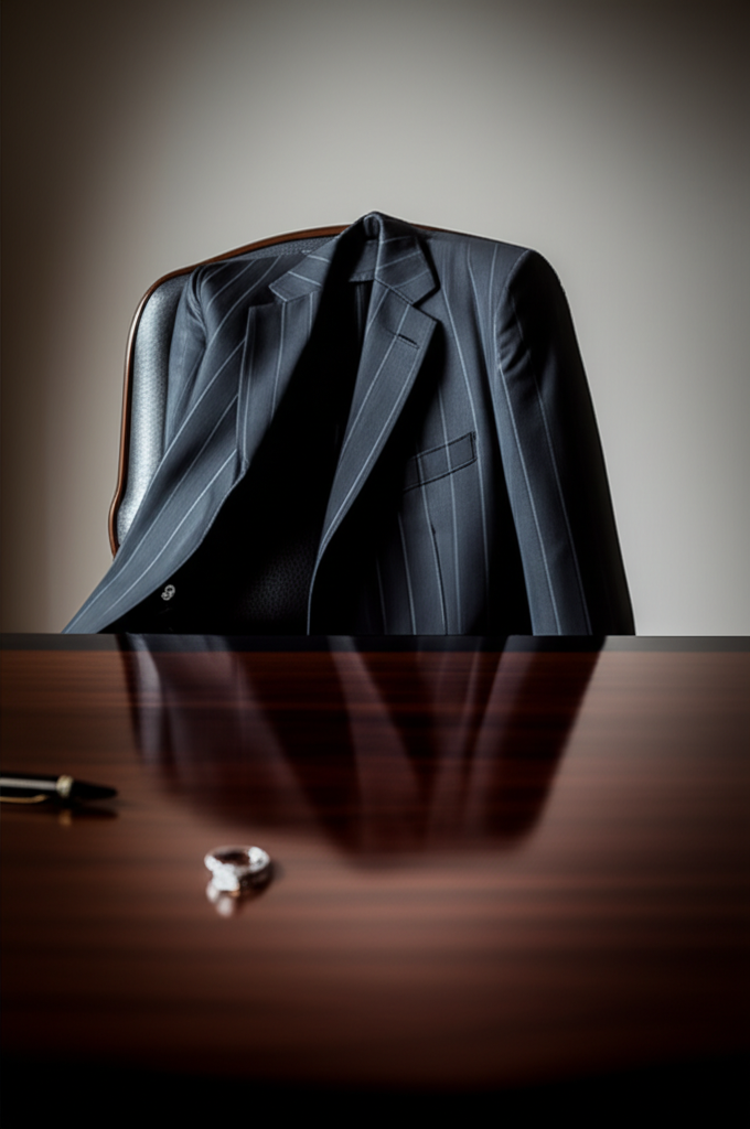 Ảnh chụp văn phòng làm việc hiện đại, với áo vest lịch lãm và một chiếc nhẫn kim cương đặt trên bàn.