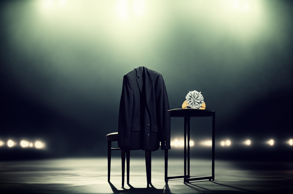 Hình ảnh sân khấu trống, có một áo vest đen trên ghế và một chiếc nhẫn kim cương trên bàn.