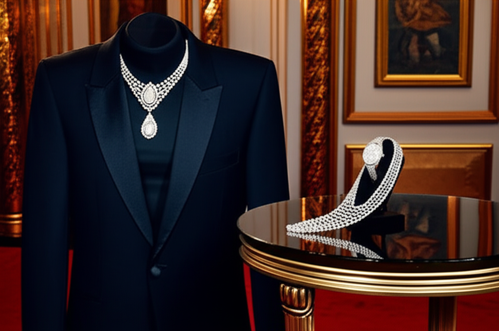 Lý do giới nghệ sĩ yêu thích kim cương nam với nghệ sĩ và kim cương 3 Ảnh chụp cận cảnh bộ vest lịch lãm và trang sức kim cương (vòng cổ và đồng hồ) trên thảm đỏ, không có người.